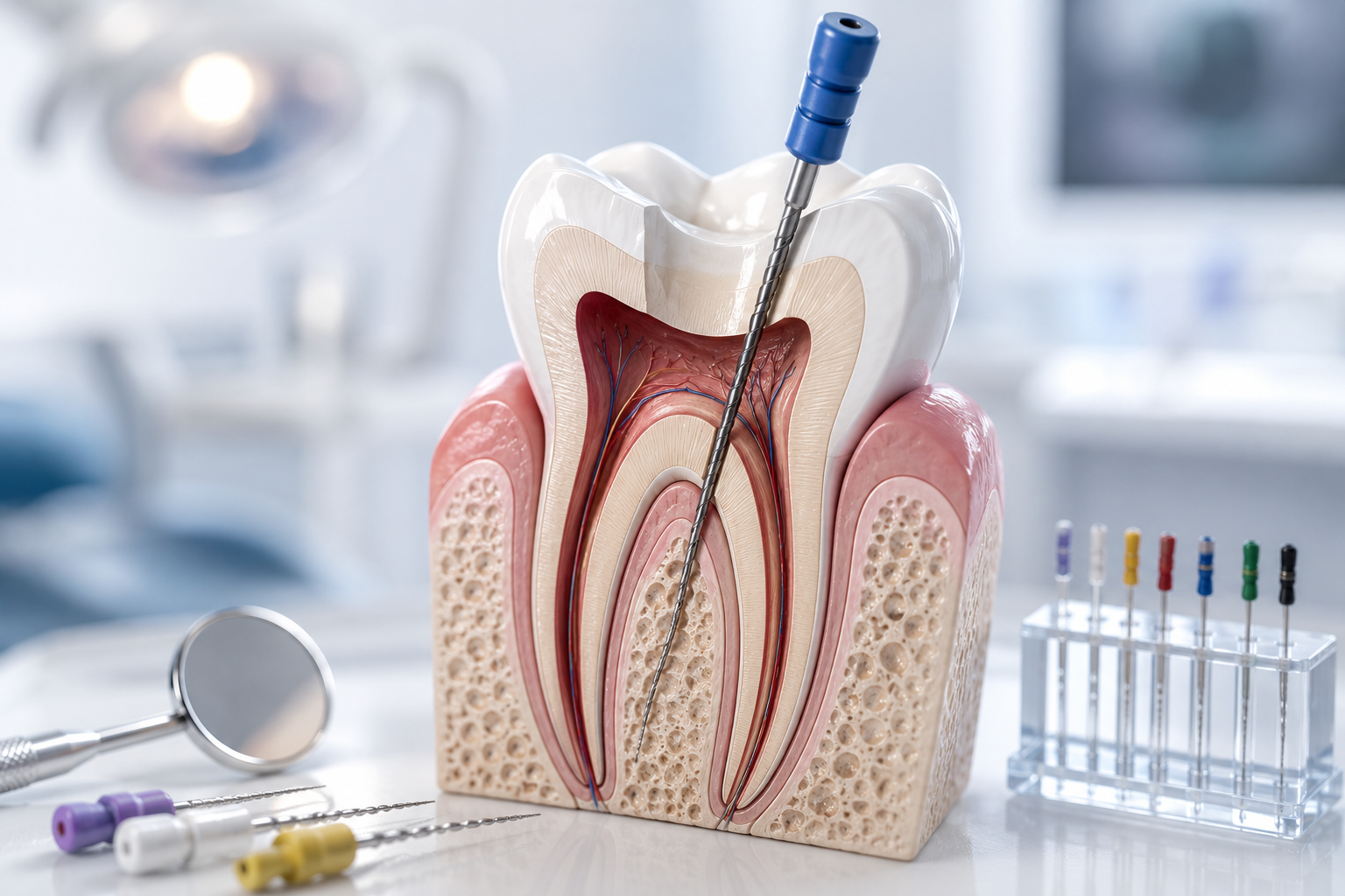 Ilustração do tratamento de canal passo a passo realizada por dentista em Botelhos - MG, mostrando a limpeza e desinfecção dos canais radiculares.