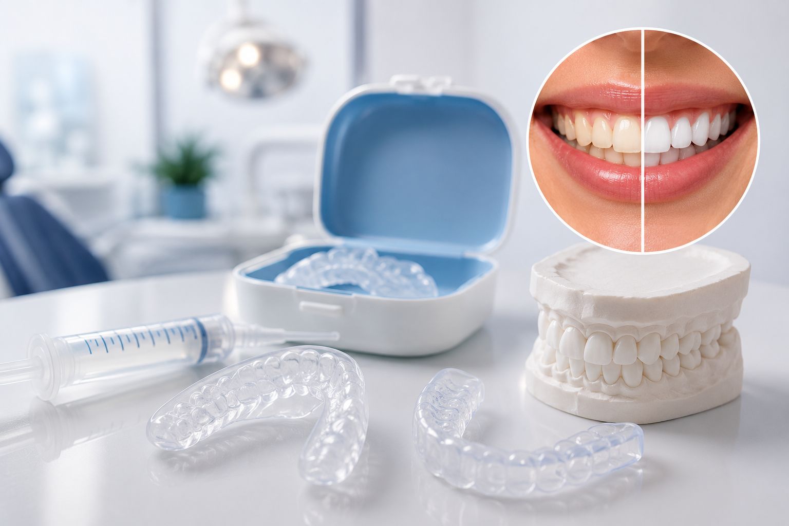 Clareamento dental com moldeira em Botelhos - MG, mostrando moldeiras personalizadas e aplicação do gel clareador para clareamento dos dentes.