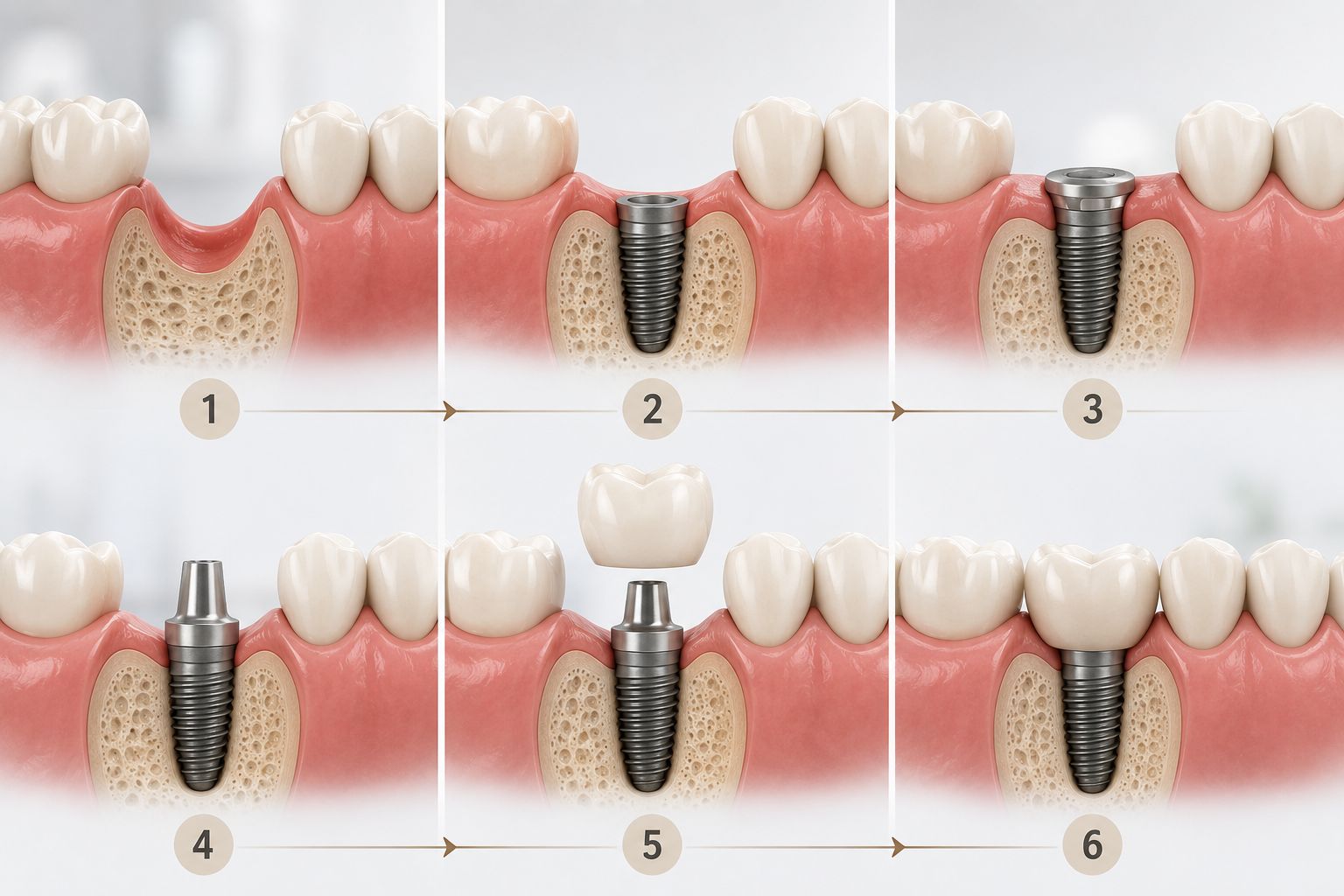 Implante dentário passo a passo em Botelhos - MG, mostrando as etapas de instalação do implante e colocação da prótese dentária.