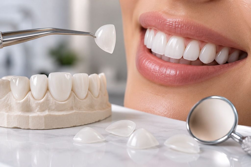 Lentes de contato dental em Botelhos - MG, mostrando lâminas de porcelana e resultado estético no sorriso.